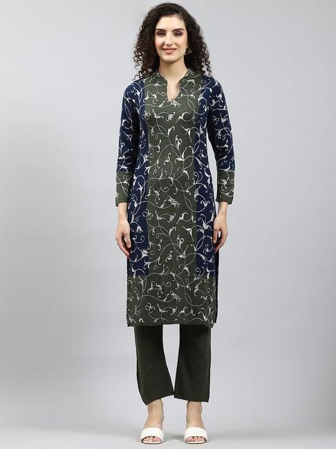 monte carlo green & navy printed kurta with pants