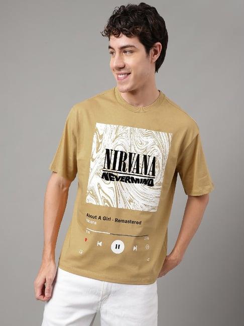 free authority brown cotton loose fit nirvana printed t-shirt