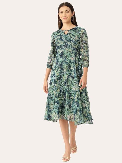 deewa green & navy blue floral print a-line dress