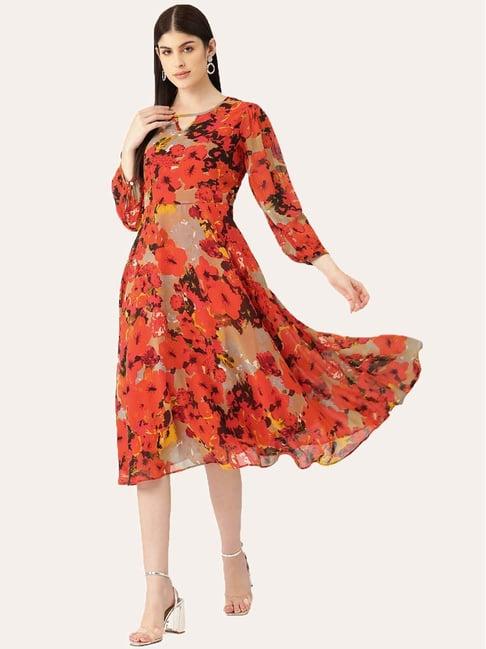 deewa orange floral print a-line dress