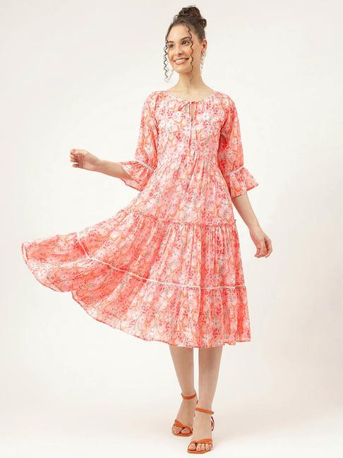 masakali.co peach floral print fit & flare dress