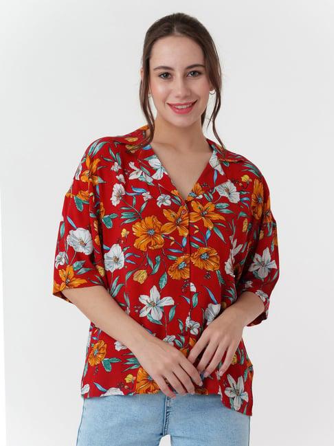 zink london red rayon floral print shirt