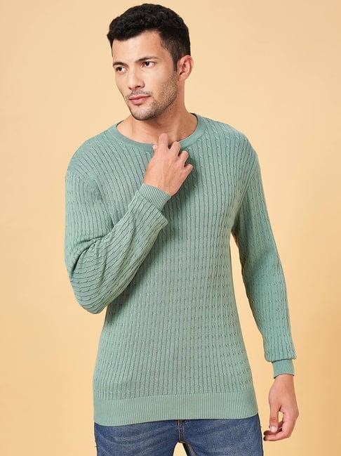 byford by pantaloons green cotton slim fit self pattern sweater