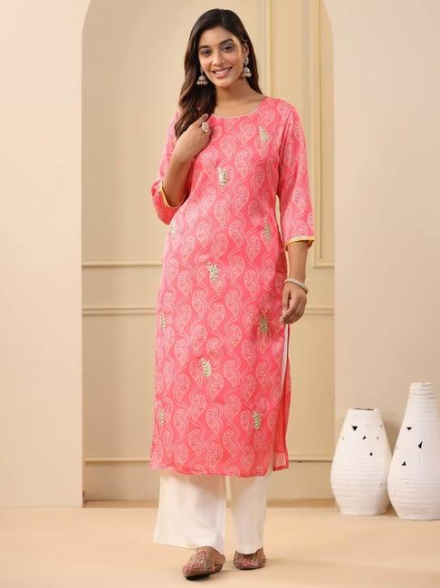 jaipur kurti peach silk printed straight kurta