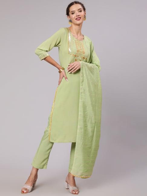 jaipur kurti green embroidered kurta with pant & dupatta