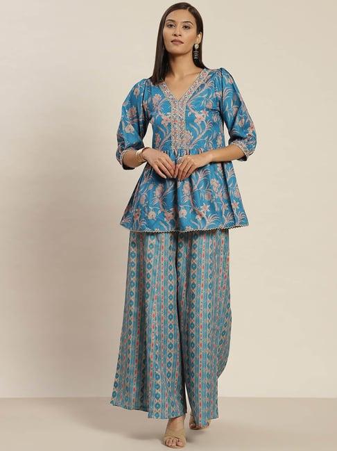 jaipur kurti blue printed peplum top & palazzo set