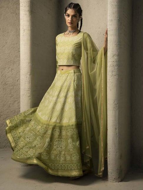 juniper green bandhani printed shantoon slub lehenga choli & net dupatta set