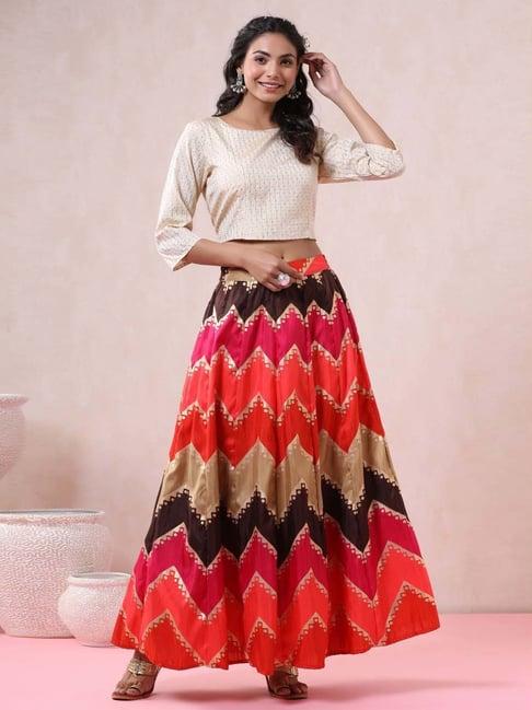 juniper coral silk crepe striped print lehenga choli set