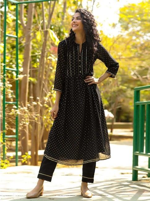 juniper black polka printed georgette a-line kurta