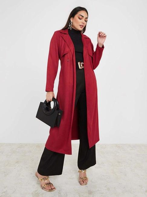 styli red suede look long trench coat with tie belt