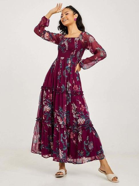 styli maroon floral print a-line maxi dress with ruffle detail