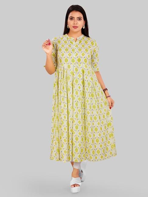 cotton culture off white & yellow printed a line kurta