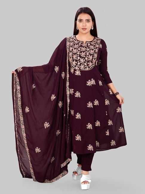 cotton culture purple embroidered kurta with pant & dupatta