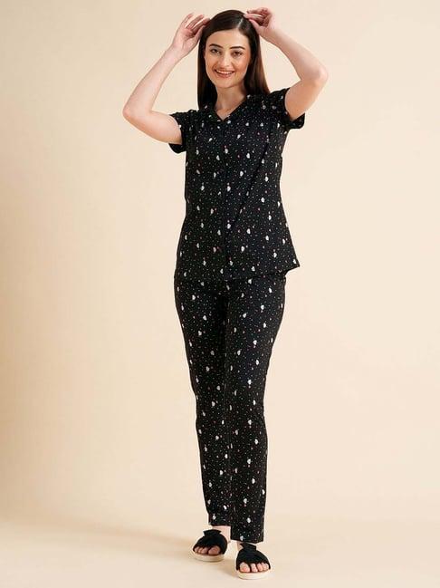 sweet dreams black cotton printed shirt pyjama set