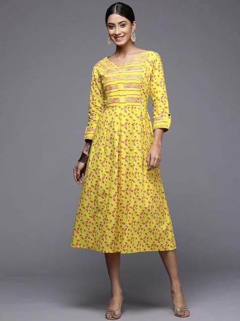 indo era yellow cotton printed a-line dress