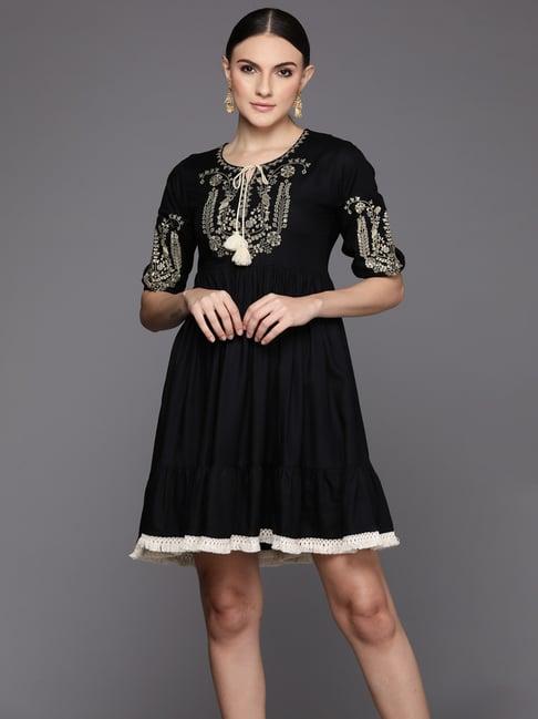 indo era black embroidered a-line dress