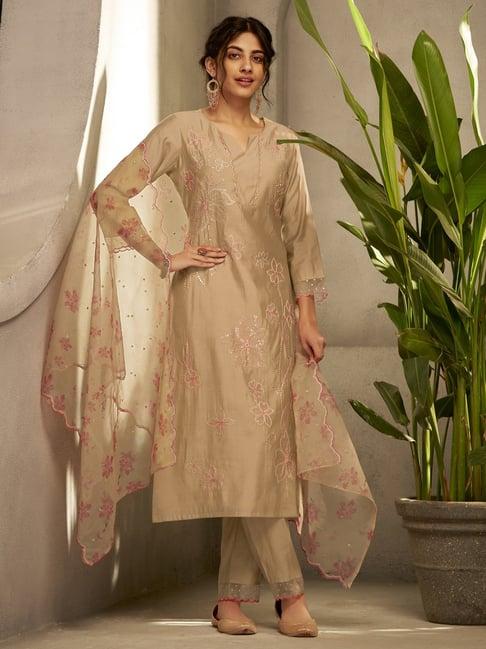 indo era beige embroidered kurta pant set with dupatta