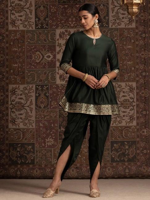 indo era green woven pattern kurti dhoti pant set