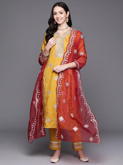 indo era mustard embroidered kurta pant set with dupatta