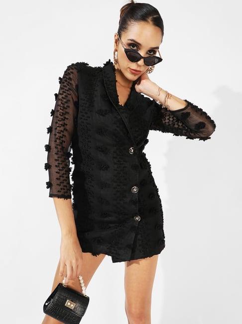 campus sutra black self pattern blazer dress