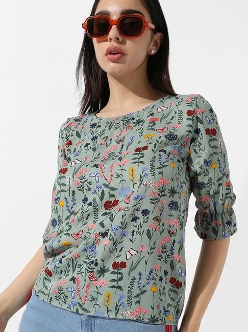 campus sutra green printed top