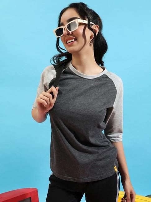 campus sutra grey cotton color-block t-shirt