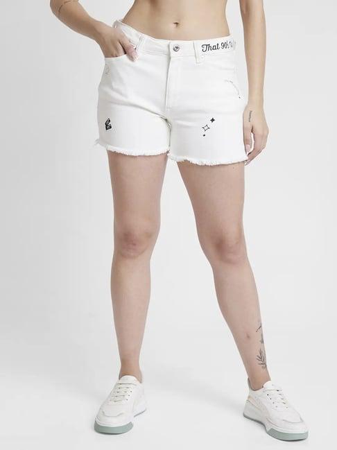 spykar white cotton slim fit shorts