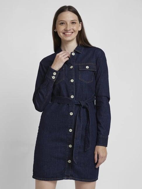 spykar navy cotton regular fit shirt dress