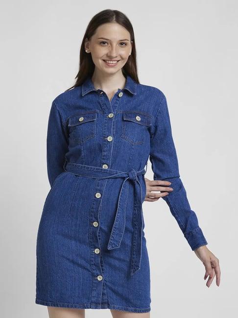 spykar blue cotton regular fit shirt dress