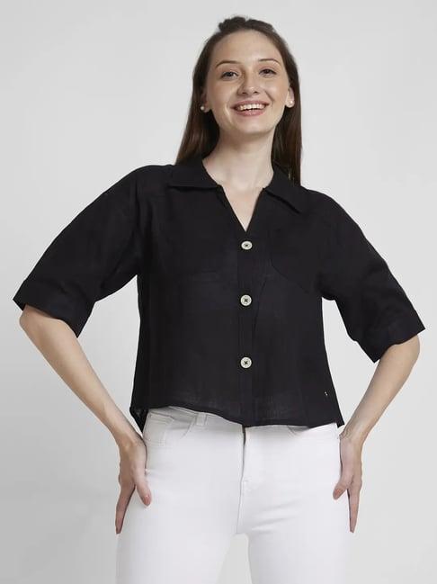 spykar black viscose slim fit cropped shirt