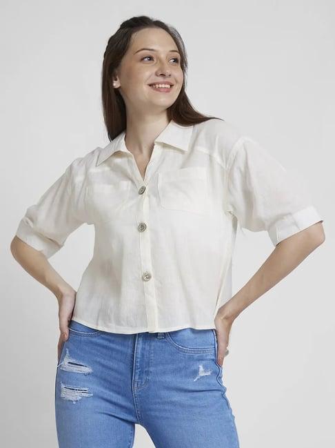 spykar white viscose slim fit cropped shirt