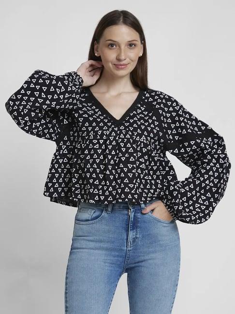 spykar black & white cotton printed top