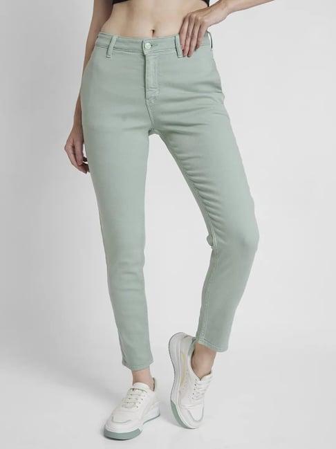 spykar sage green cotton relaxed fit mid rise jeans