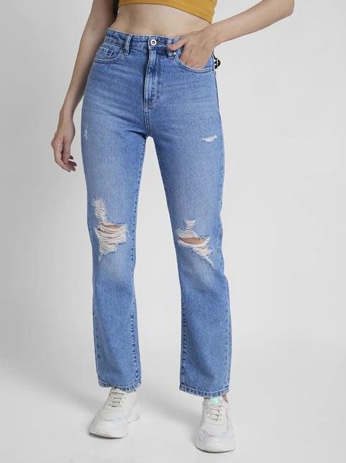 spykar light blue cotton distressed high rise jeans