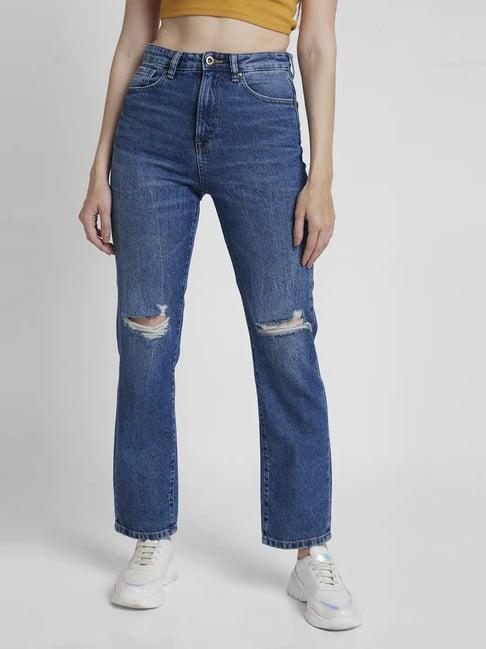 spykar blue cotton distressed high rise jeans