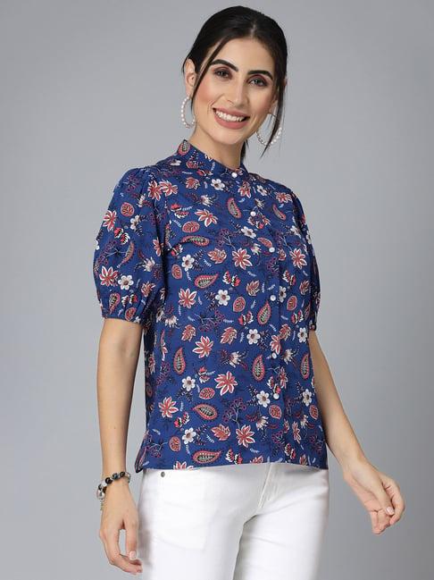 style quotient dark blue floral print shirt