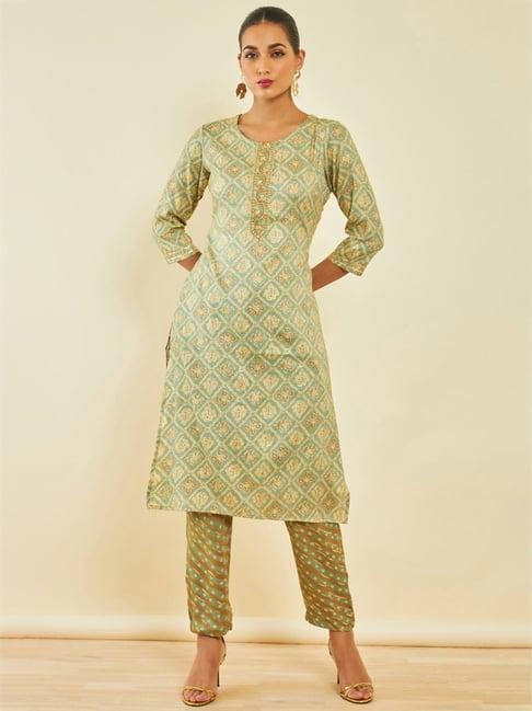 soch sap green rayon printed straight kurta set with gota patti work