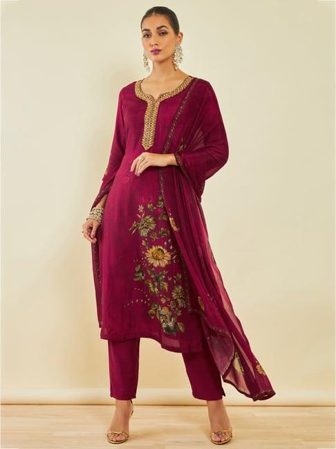 soch maroon embellished kurta pant set with dupatta