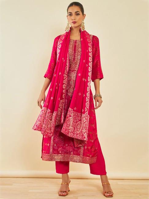 soch pink woven pattern kurta pant set with dupatta