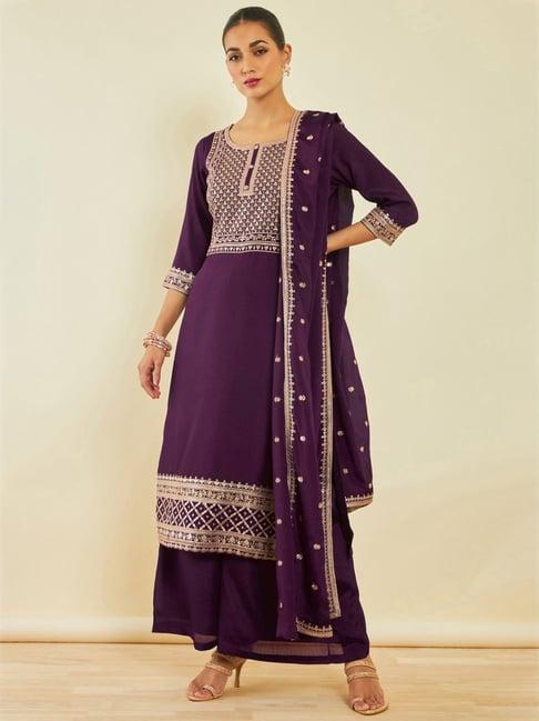 soch purple embroidered kurta palazzo set with dupatta