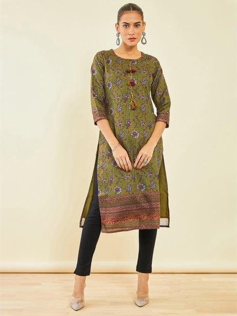 soch olive polyester all-over kalamkari print round-neck kurta with tassels