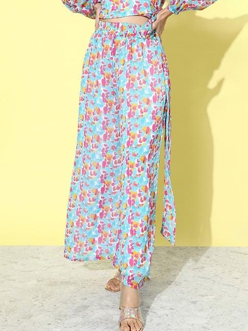 anvi be yourself sky blue & pink printed palazzos