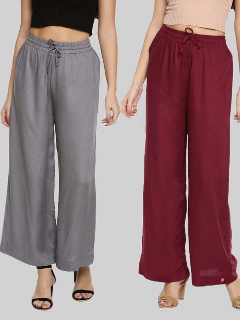 twin birds grey & maroon mid rise palazzos - pack of 2