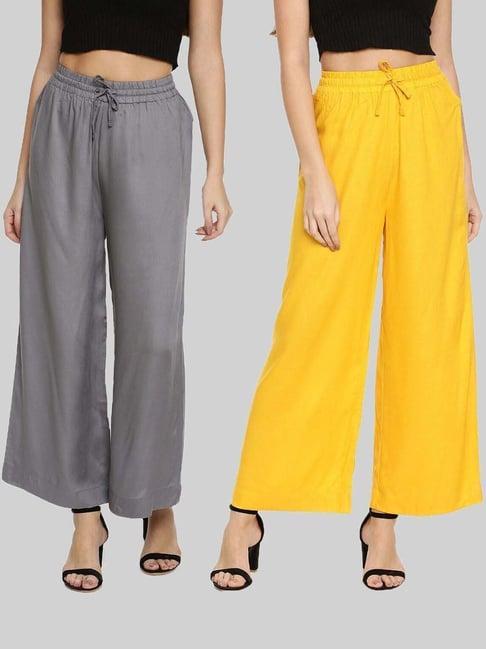 twin birds grey & yellow mid rise palazzos - pack of 2