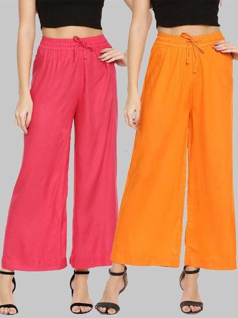 twin birds pink & orange mid rise palazzos - pack of 2