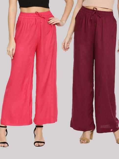 twin birds pink & maroon mid rise palazzos - pack of 2