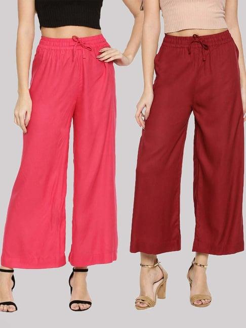 twin birds pink & maroon mid rise palazzos - pack of 2