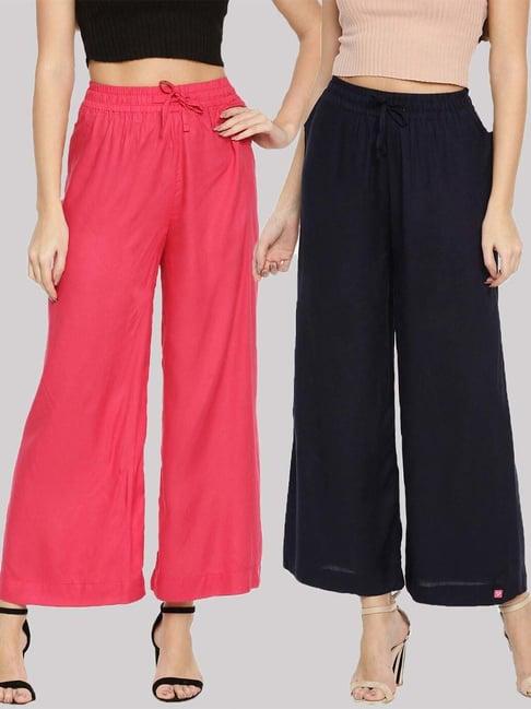 twin birds pink & navy mid rise palazzos - pack of 2