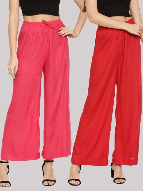 twin birds pink & red mid rise palazzos - pack of 2