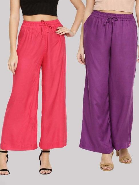 twin birds pink & purple mid rise palazzos - pack of 2